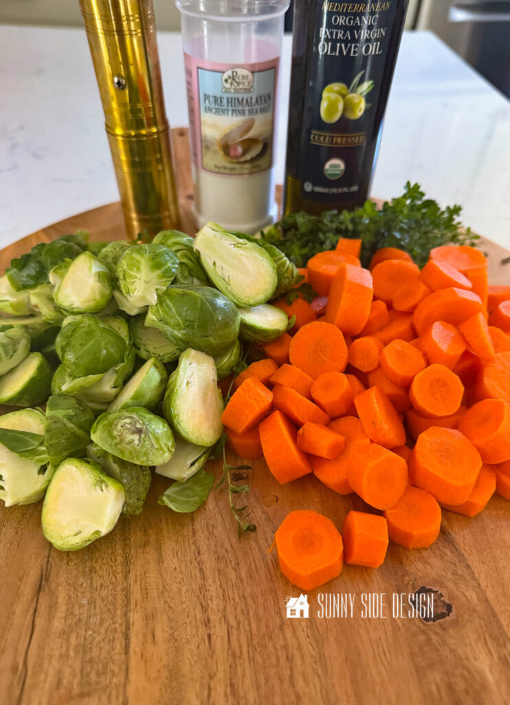 Brussel sprouts halved and carrots sliced for the carrots and brussel sprouts recipe.