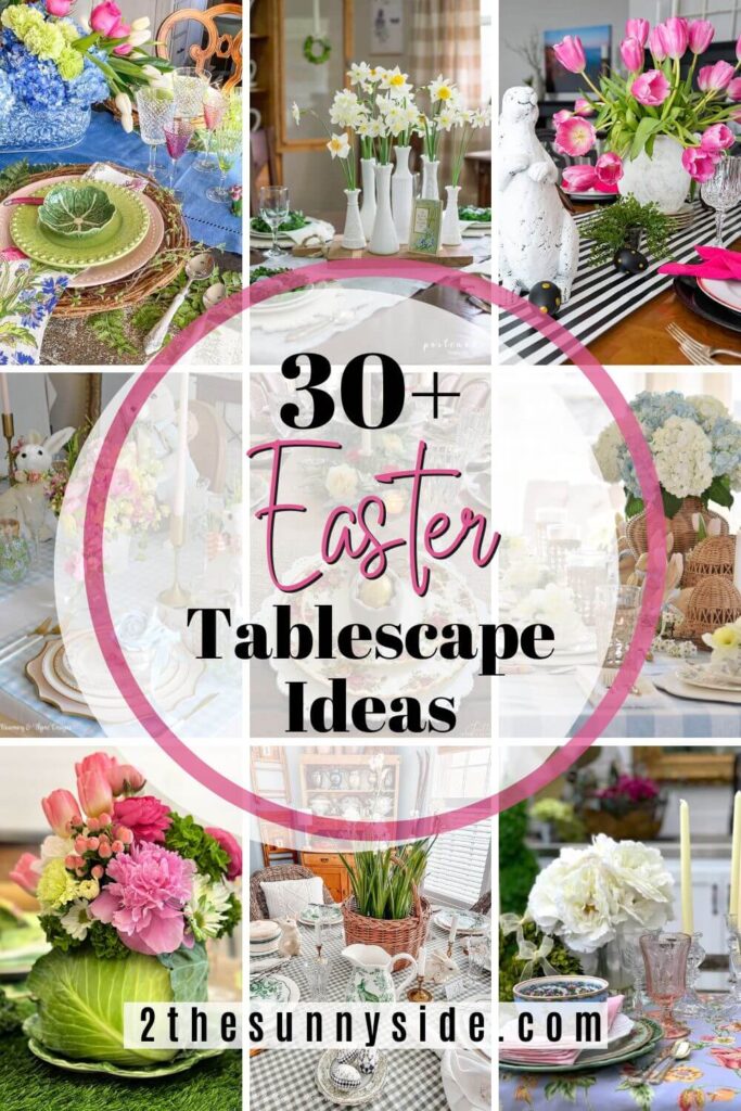 Pinterest image, collage image of 9 spring tablescape ideas.