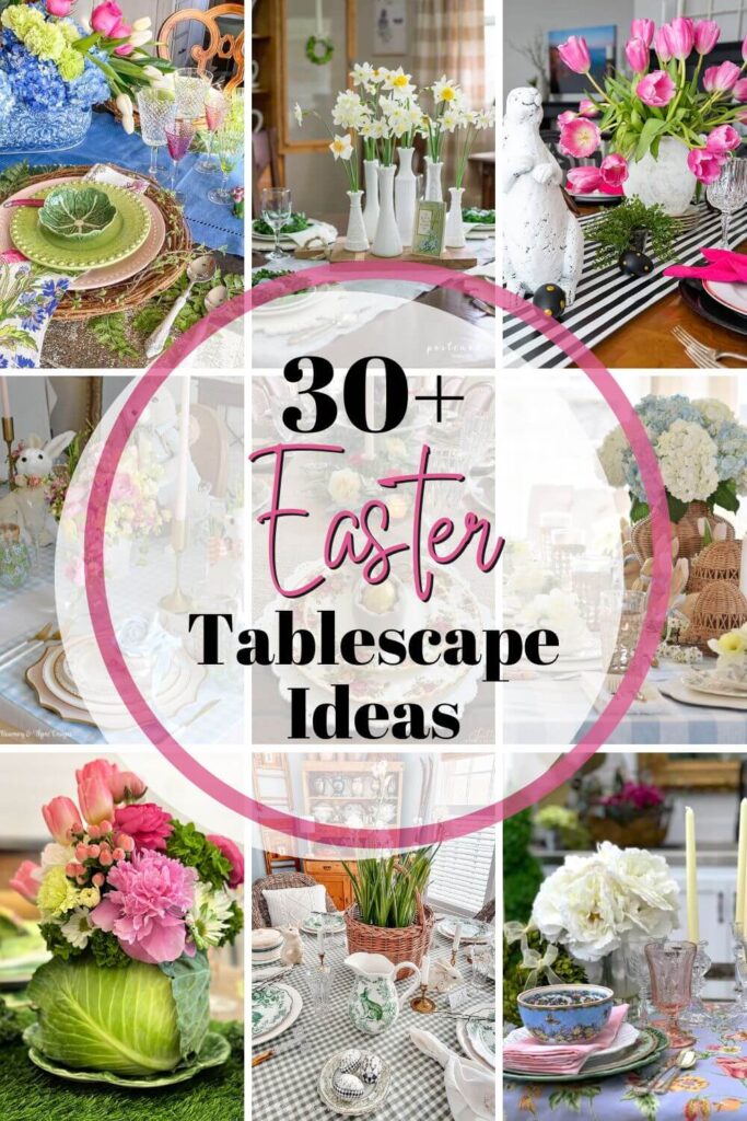 Collage image of 9 spring table decor ideas.