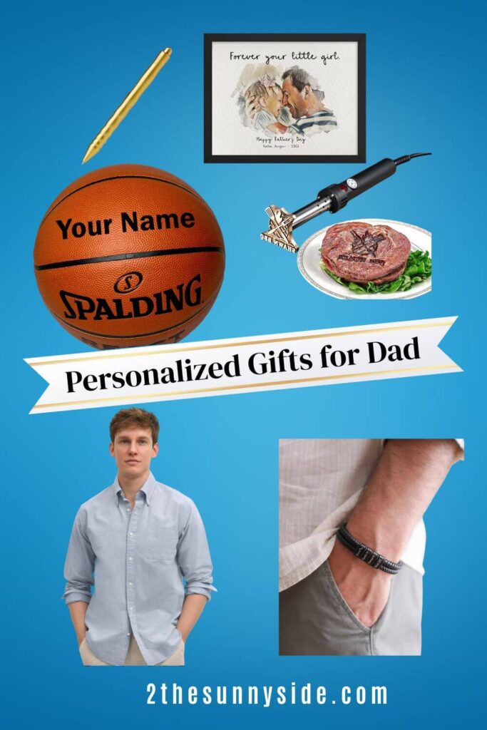Personaled Gift Ideas for Father's Day: personalized basketball, personalized pen, personalized watercolor art, monogramed oxford shirt, custom name bead leather braclet.