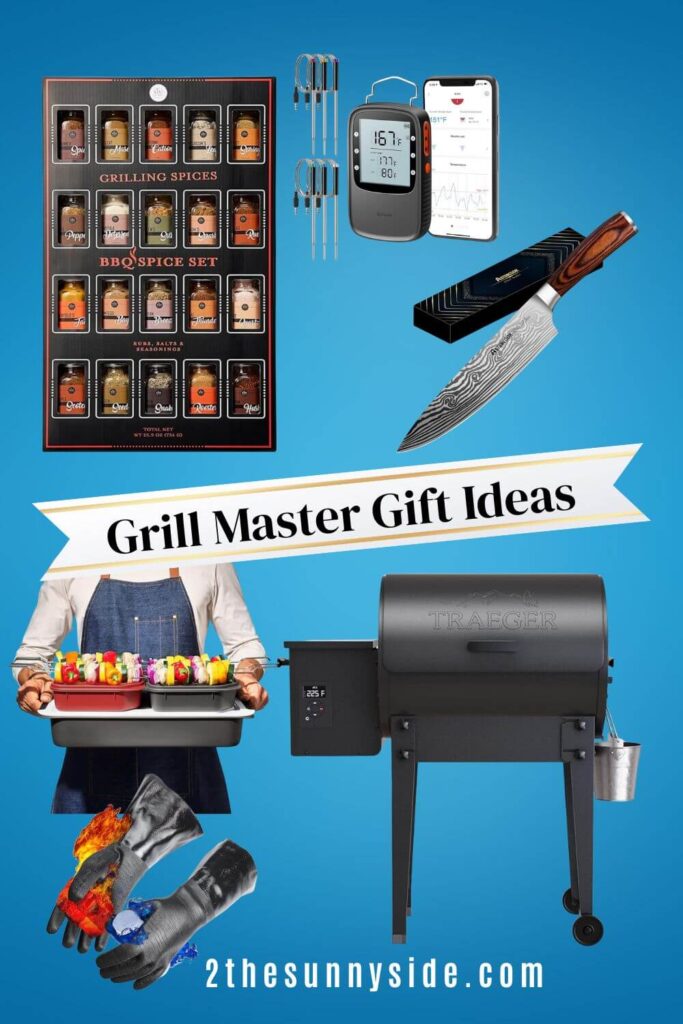 Grill Master Gift Ideas: set of 20 spice rubs, chef's knife, wireless bluetooth temperature probe, heat resistant gloves, Traeger smoker, grill prep set.