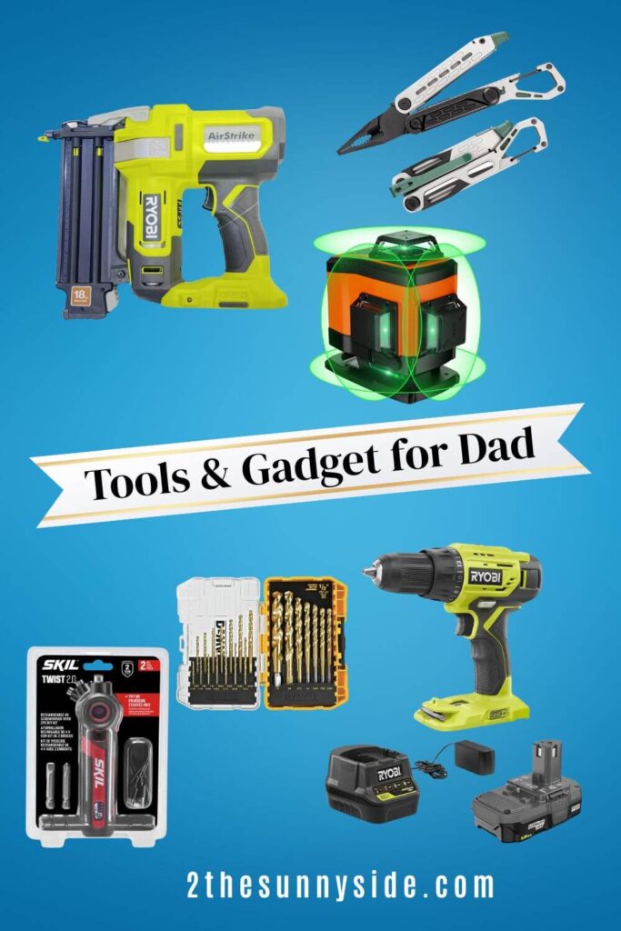 Tools and Gadget Father's Day Gift Ideas, cordless brad nailer, multi-tool pocket knife, laser level, cordless screwdriver, titanium drill bits, cordless drill.