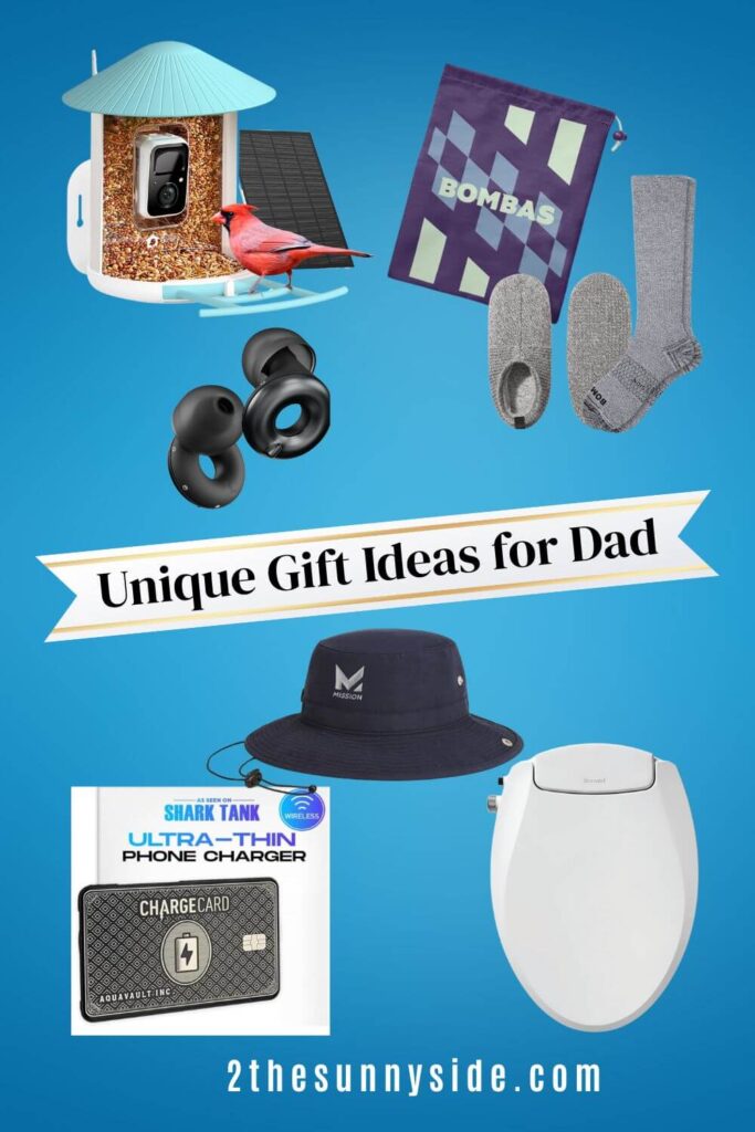 Unique gift Ideas for Dad, smart camera bird feeder, Bombas travel compression socks, smart ear plugs, ultra thin charging card, cooling hat, bidet.