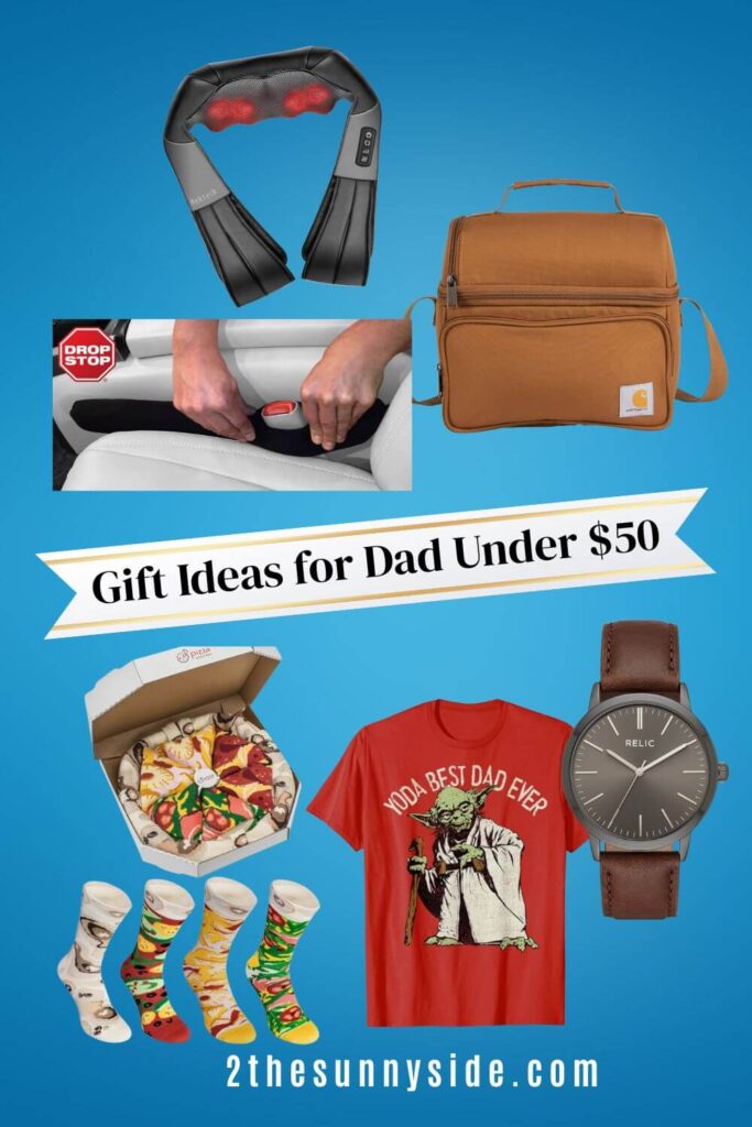 Unique gift ideas for dad under $50, neck massager, drop zone stop, cooler, pizza socks, Yoda T-shirt, Relic watch.