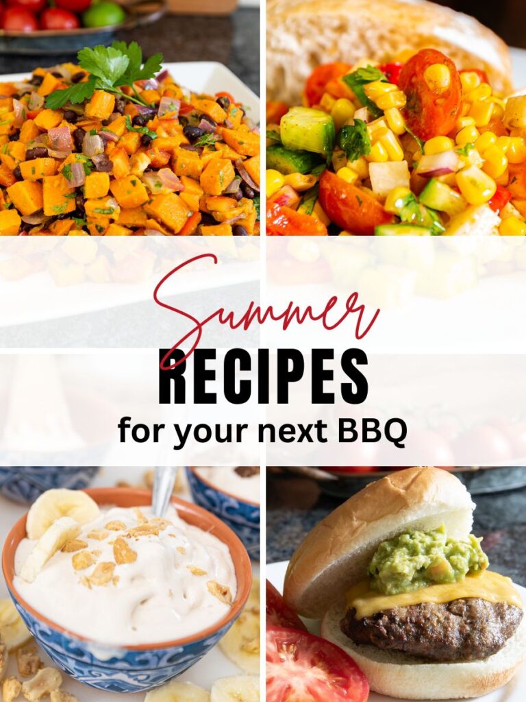 4 Easy and delicious Recipes for Summer: savory chipotle spiced burger, sweet potato salad, corn salad and homemade ice cream.