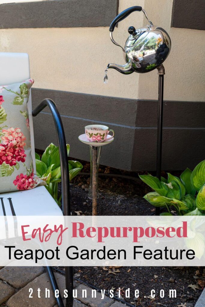 Pinterest image, easy repurposed Garden Teapot Decorations