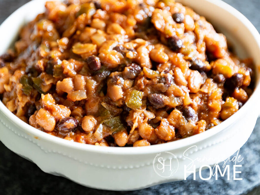Homemade baked beans in a serving bowl.