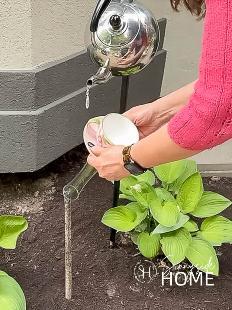 Woman places the teacup with attached bud vase on a garden stake.