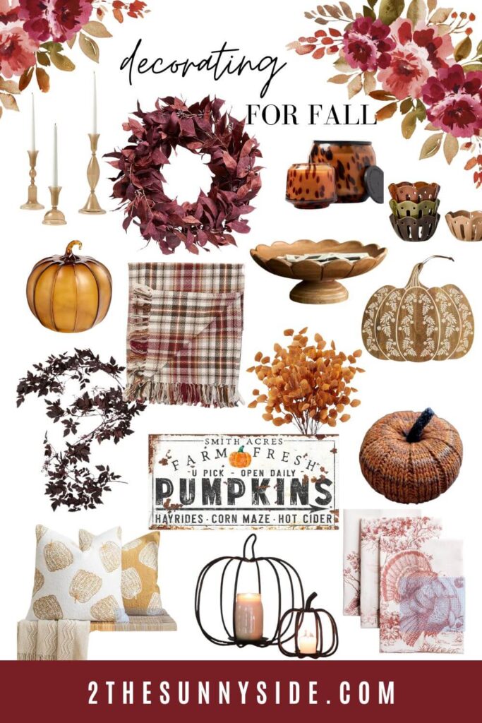 PINTEREST IMAGE, IDEAS FOR CREATING A COZY HOME WITH FALL DECOR, FROM WREATHS, TEXTILES, GARLANDS, PUMPKINS, PILLOWS AND MORE.