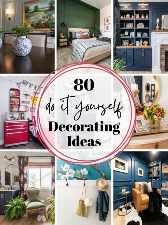 Feature image, 80 Decorating Ideas that will make your home look better in a weekend. Image of 9 different ideas.