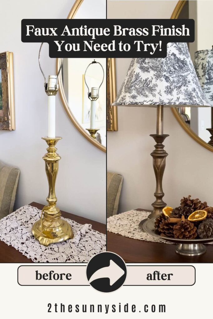 Pinterest image, before and after lamp base with a faux antique brass finish.