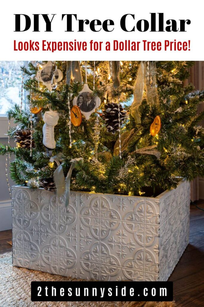 Pinterest image, Finished Christmas tree collar using Dollar Tree Tiles at the base of a decorated Christmas tree.