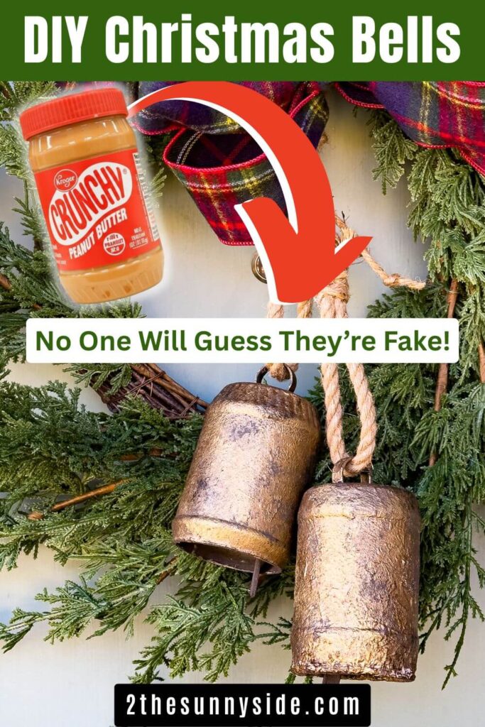 Pinterest image, DIY Christmas bells made from trash with jar of peanut butter.