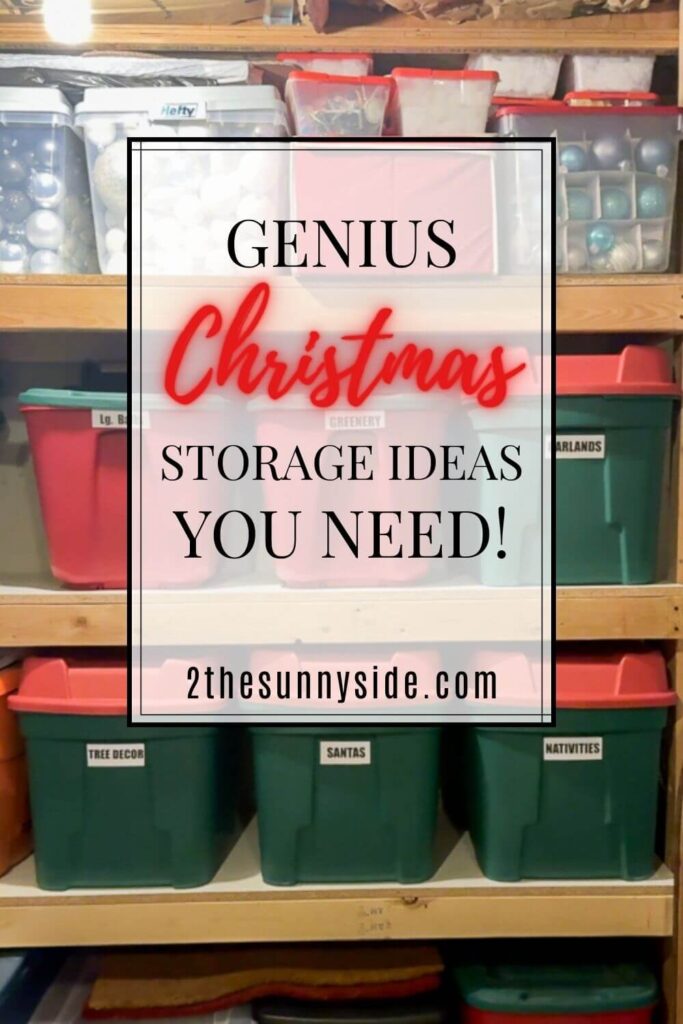 Pinterest image of storage shelves with Christmas Storage ideas.