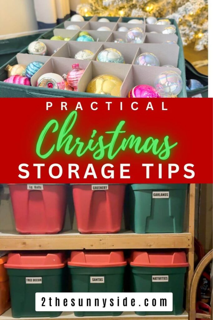 Pinterest image of storage shelves and containers with Christmas Storage ideas.
