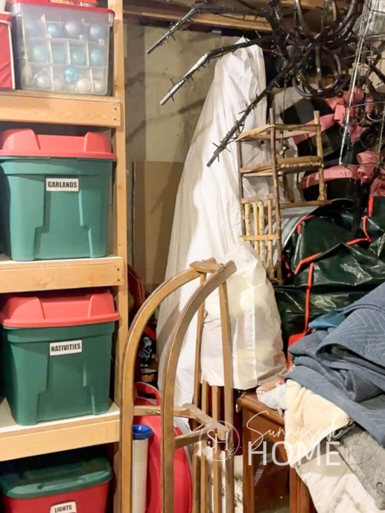 Organized Christmas decorations in a basement storage room.