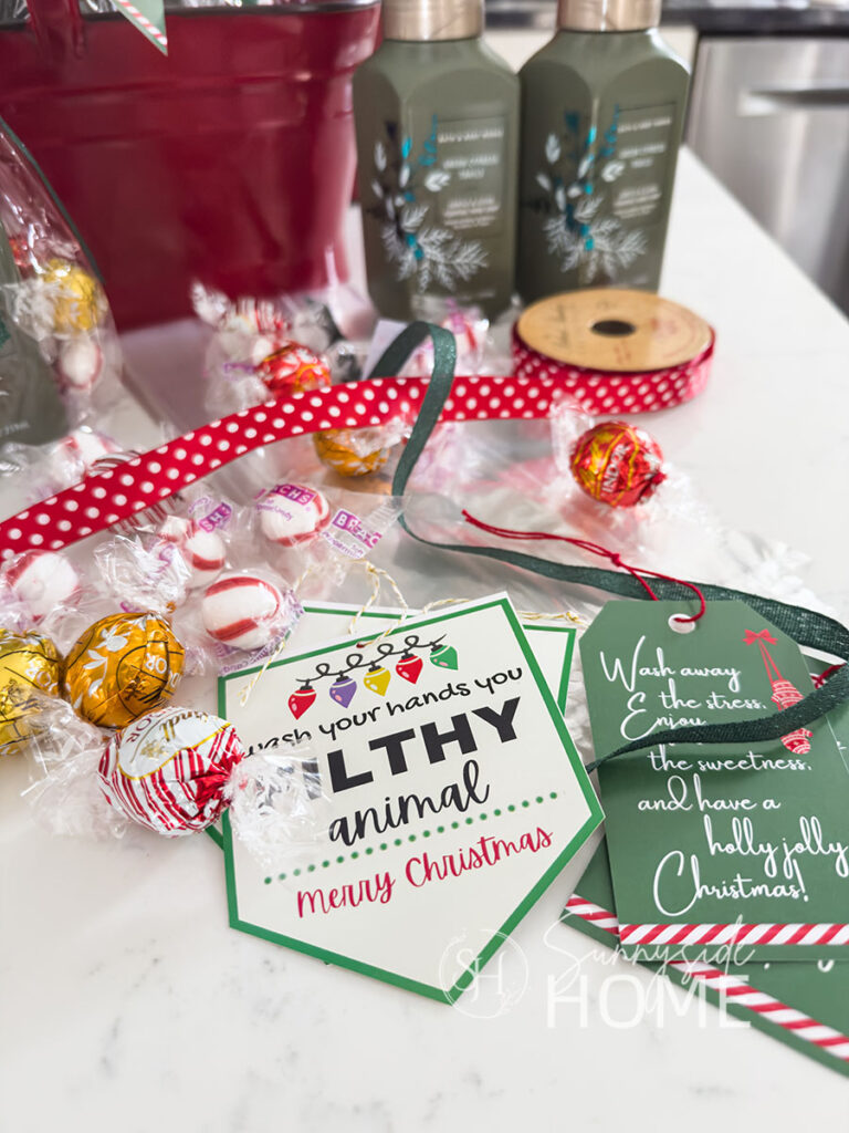 Foaming Christmas hand soap, Christmas candies, gift tags, ribbon and cellophane bags for making Neighbor Christmas Gift.