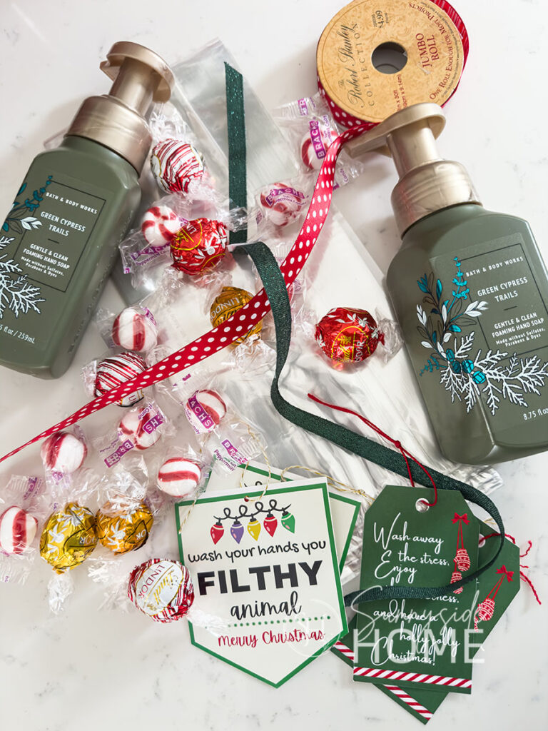 Foaming Christmas hand soap, Christmas candies, gift tags, ribbon and cellophane bags for making Neighbor Christmas Gift.