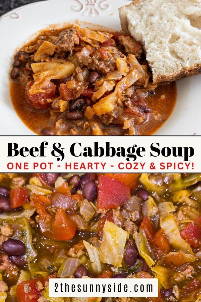 Pinterest image Easy Beef & Cabbage Soup served with a slice of sour dough bread. Soup ingredients include beef, cabbage, tomatoes, peppers and black beans.