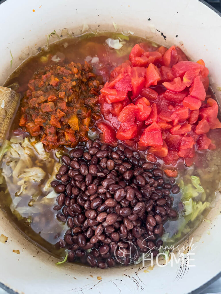 Beef and cabbage soup with black beans, diced tomatoes and chipotle tomatoes.