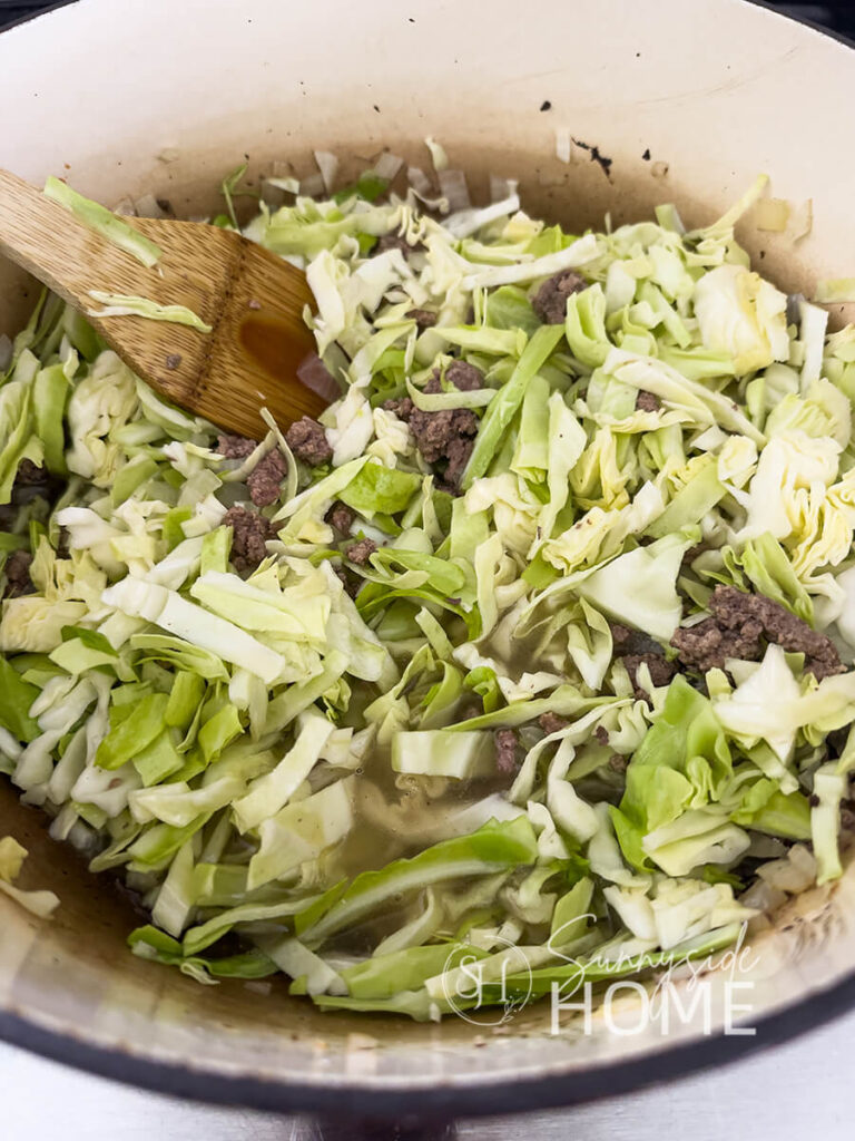 Cabbage, hamburger and onion in a large dutch oven pot.