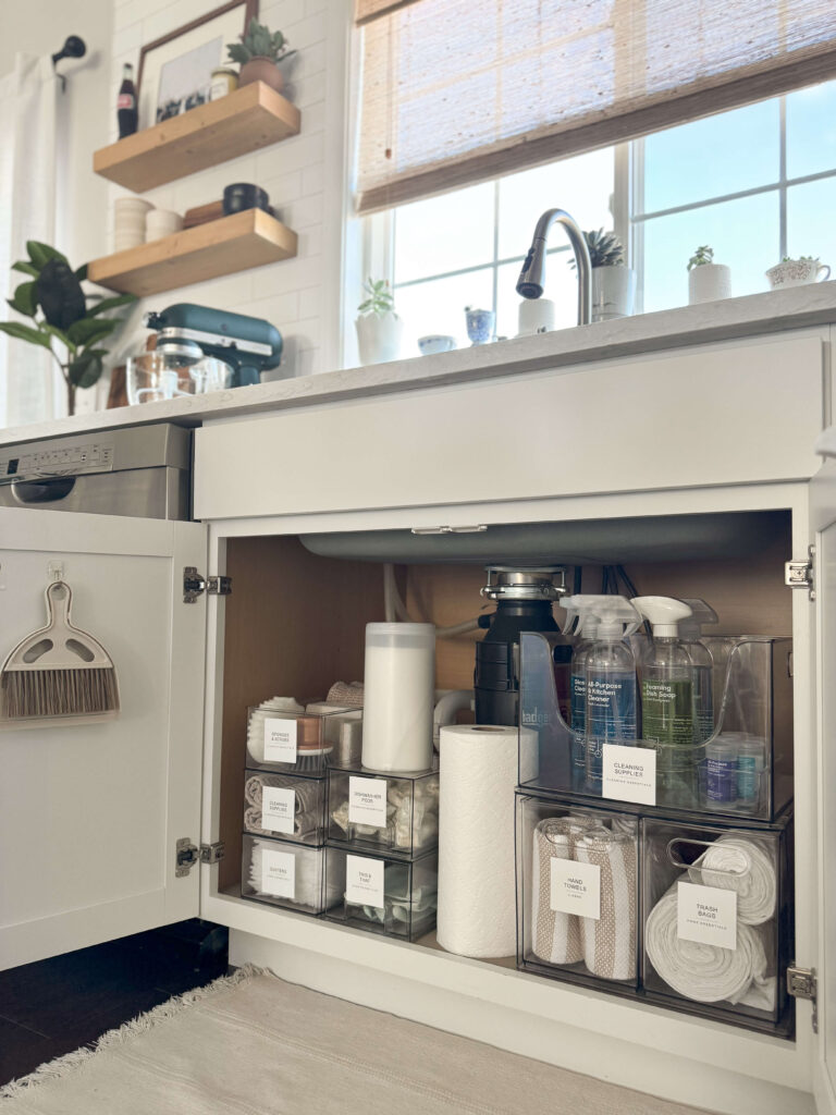 Clear labeled bins with sliding doors keep this space under the kitchen sink neat and organized.