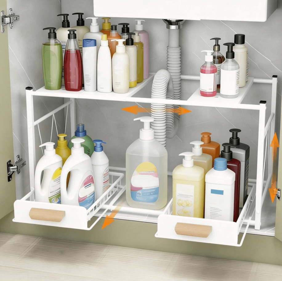 An adjustable kitchen shelf that fits around the plumbing pipes under the kitchen sink.