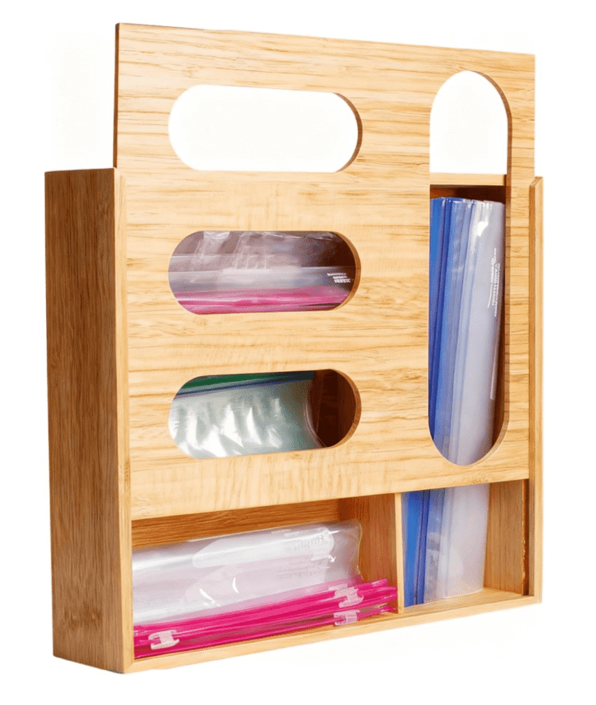 Organizer for zip top bags that can be mounted to a wall.