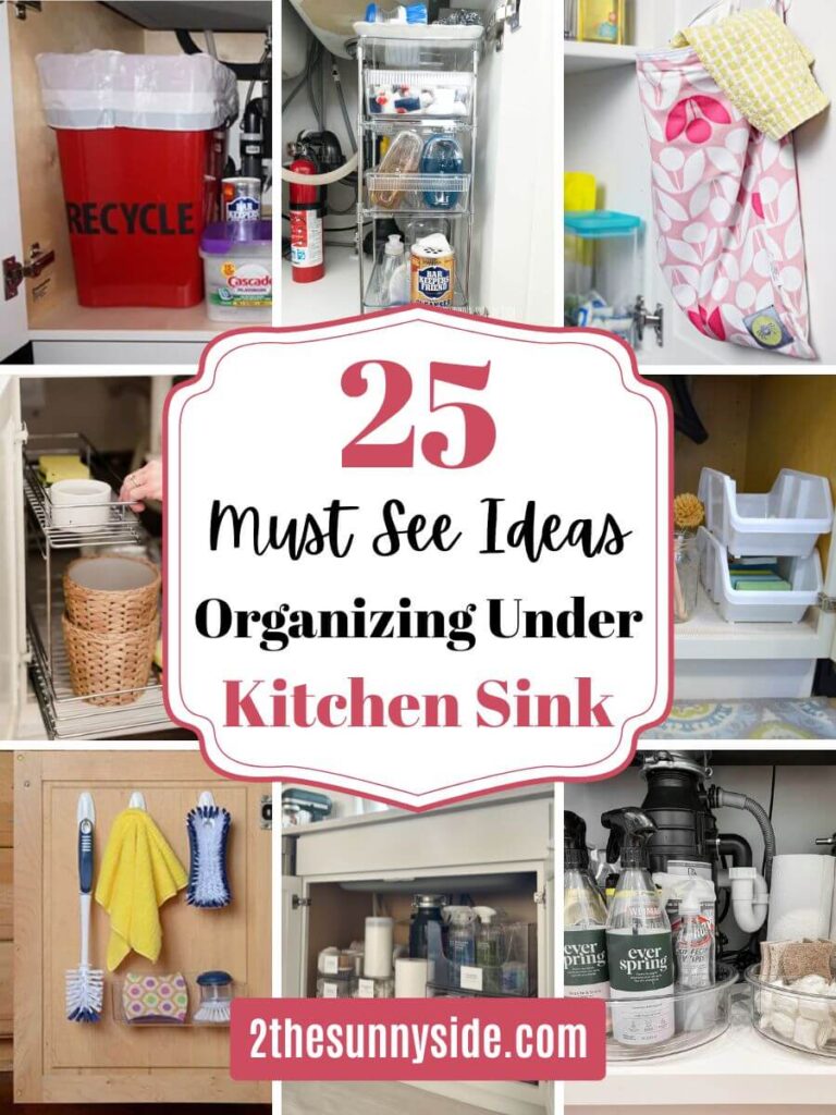 Pinterest image of 8 images of ideas for organizing under kitchen sink. Caption reads 25 must see ideas Organizing Under Kitchen Sink.