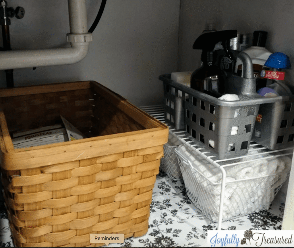 A shower caddy holds and organizes cleaning supplies.