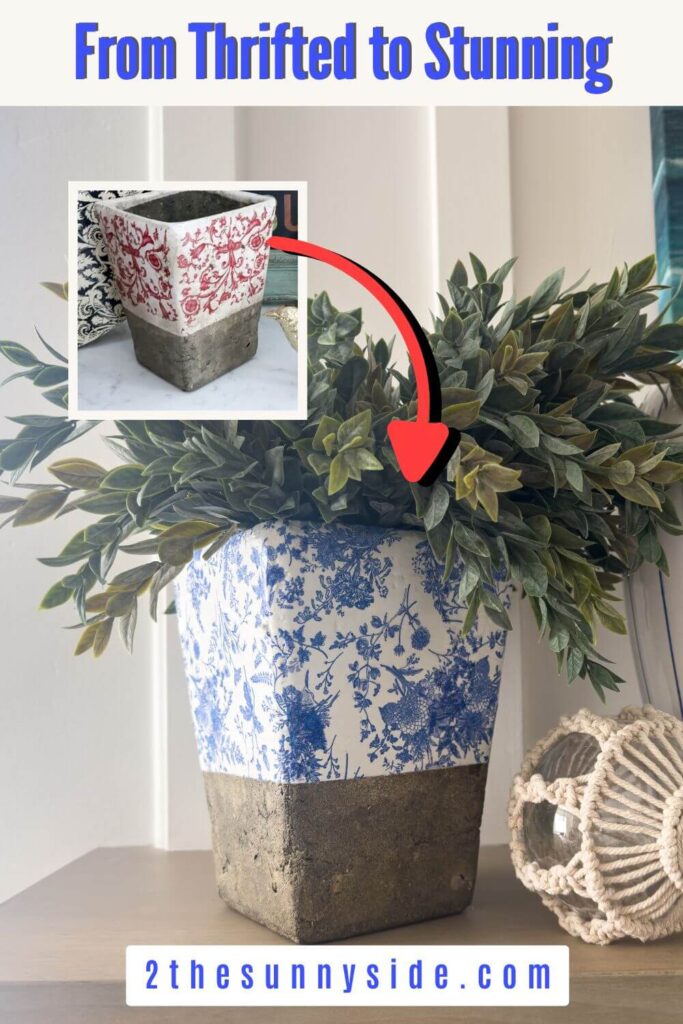 Pinterest image, before and after photos of a makeover of an old red and white vase to a blue and white decoupage vase, styled with greenery.