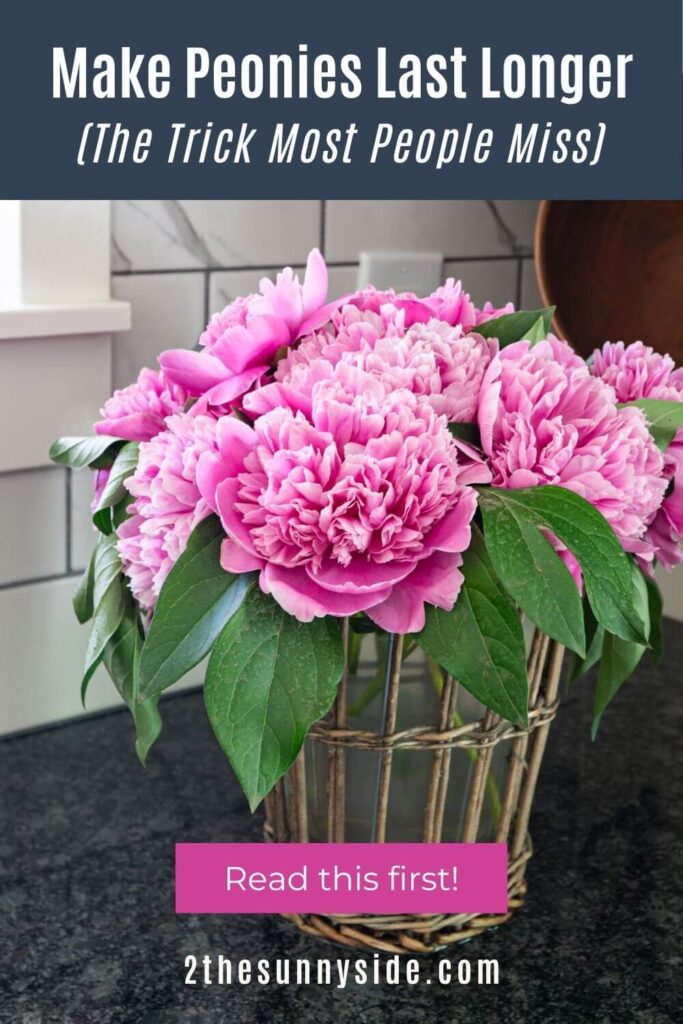 Pinterest image of a vase of peonies, featureing tips for how to make peonies last longer. The trick most people miss.