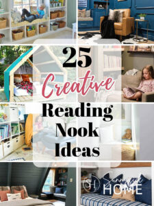 Collage image with 8 or 25 creative reading nook ideas, from window seat to a cozy corner. Simple Ideas any one can create.