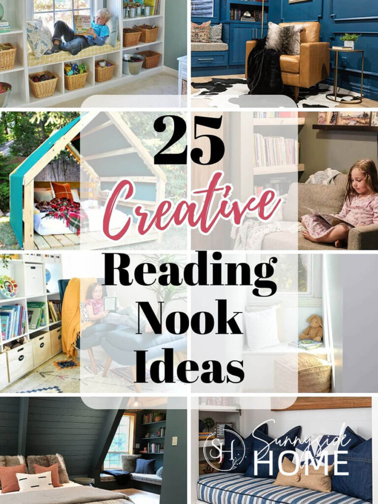 Collage image with 8 or 25 creative reading nook ideas, from window seat to a cozy corner. Simple Ideas any one can create.
