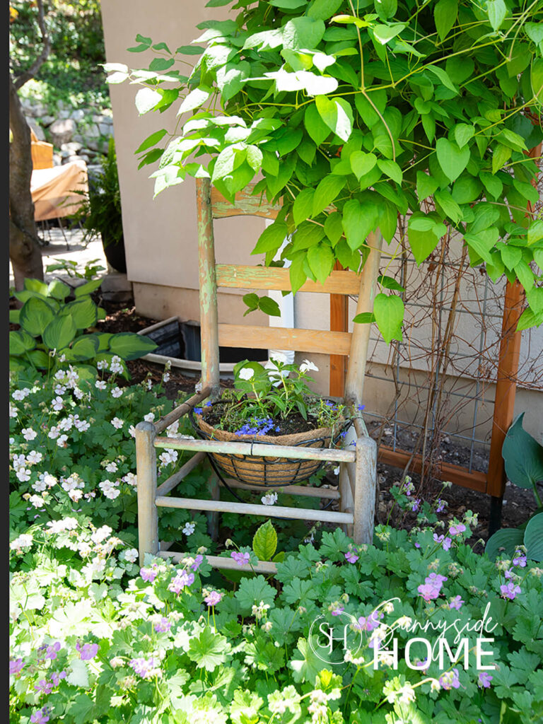 A clever planter container ideas: an old chippy green chair is turned into a planter by securing a thrifted metal basket to the chair frame with zip ties. Styled in a flower bed.