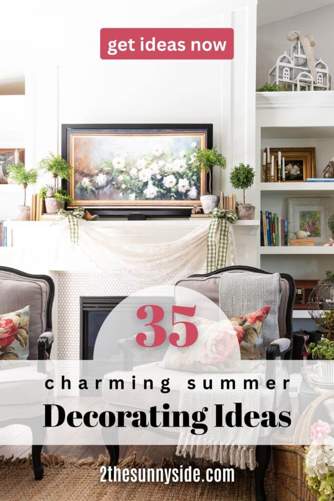 Pinterest image 35 Charming Summer Decorating Ideas. Living room styled with floral pillows, topiaries, lace swag with green gingham ribbon, birdcages and florals.