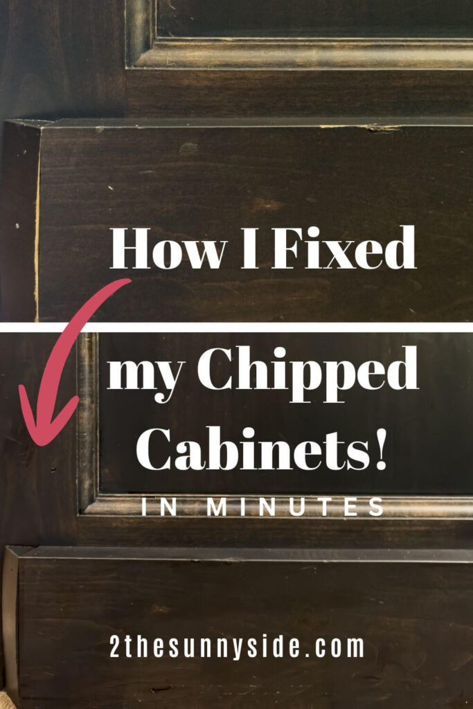 Pinterest image, before and after shot of stained kitchen cabinet after fixing with a stain marker pen.