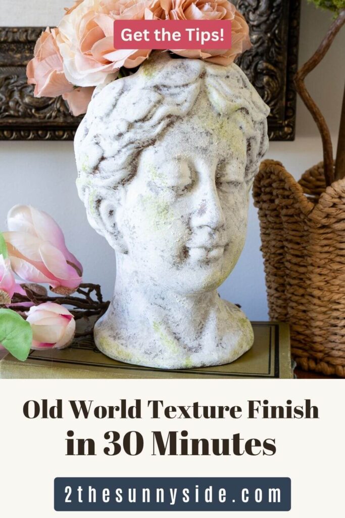 PInterest image, painted head vase with an old world textured finish, styled with blush roses .