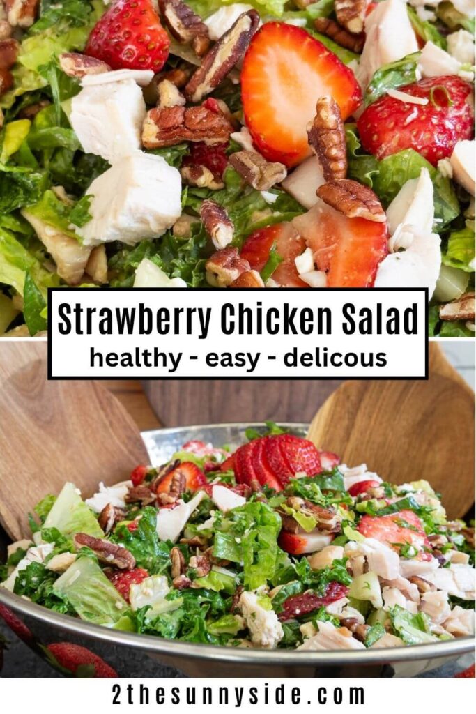 Pinterest image Strawberry chicken salad in a silver bowl with wooden serving spoons. The salad features a mix of greens, savory chicken, sweet fresh strawberries, green onion, crunchy pecans, creamy feta cheese and a sweet and tangy lime maple balsamic vinaigrette. A healthy summer salad.
