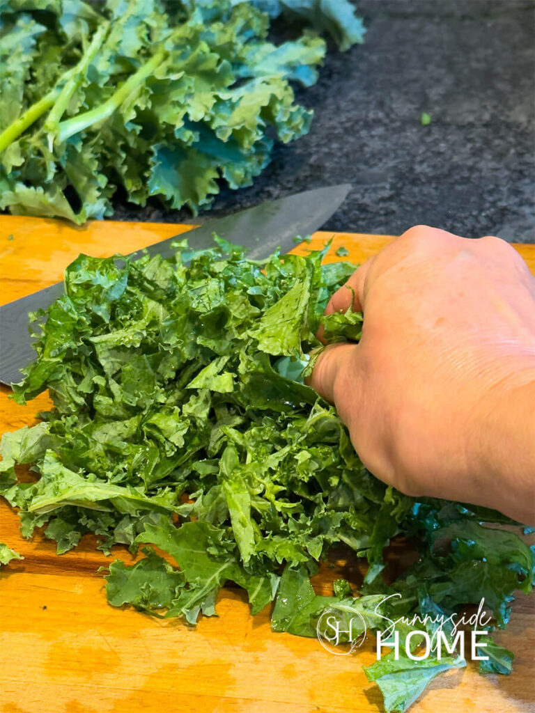 Woman massages kale with a few drops of olive oil.