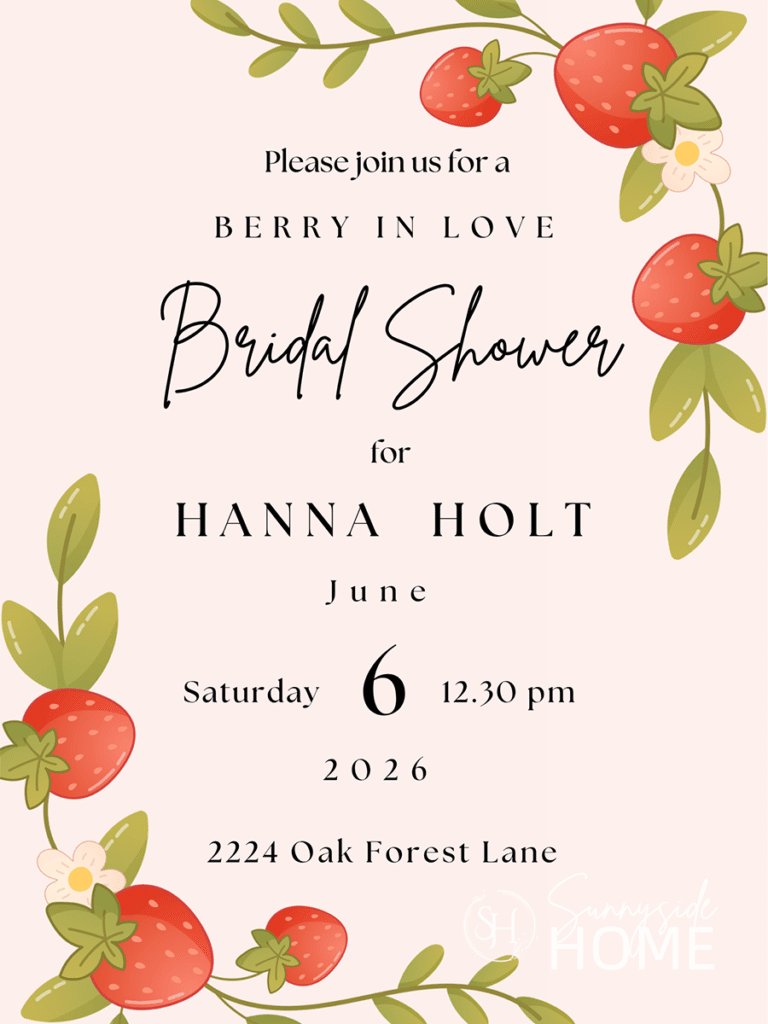 Berry in Love bridal shower invitation with a border of strawberry vine on a blush background.