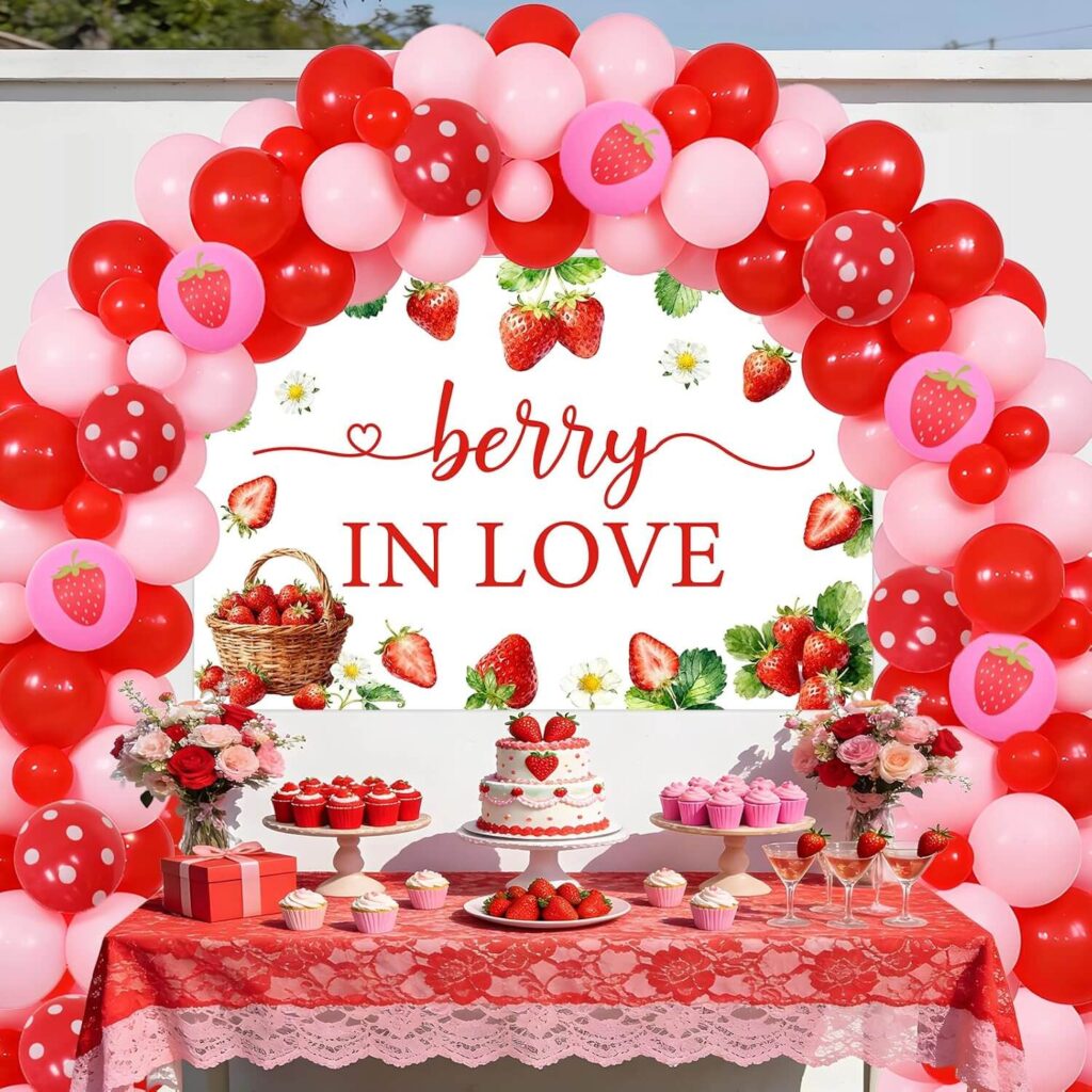 Berry themed bridal shower balloon arch.