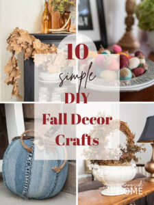 Collage image of. 4 ideas of simple DIY fall Decor Crafts, ideas include denim pumpkin, fall topiary in vintage tureen, recycled packing paper garland, felted acorns with real caps.