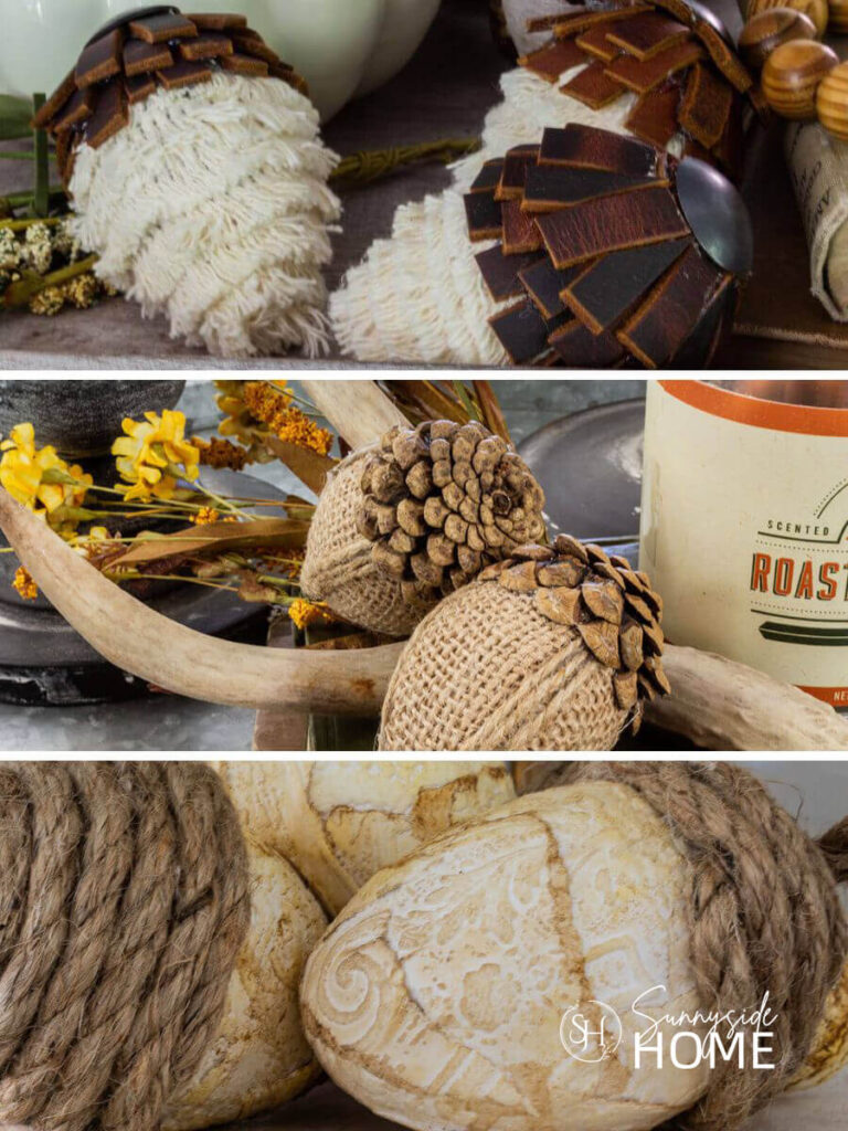 Craft acorns in three different styles using leather, fringe, burlap, pinecone scales, wallpaper and jute.