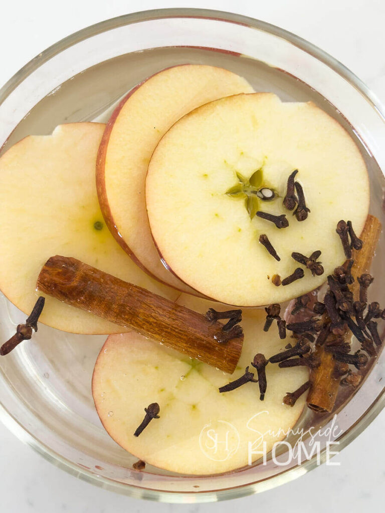 Create a beautiful fall scent in a DIY fall simmer pit, glass pot filled with sliced apples, cinnamon sticks, and cloves.