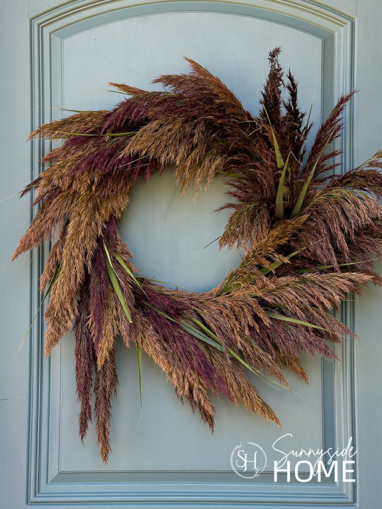 Beautiful Pampas Grass Wreath for Fall hung on a blue front door.