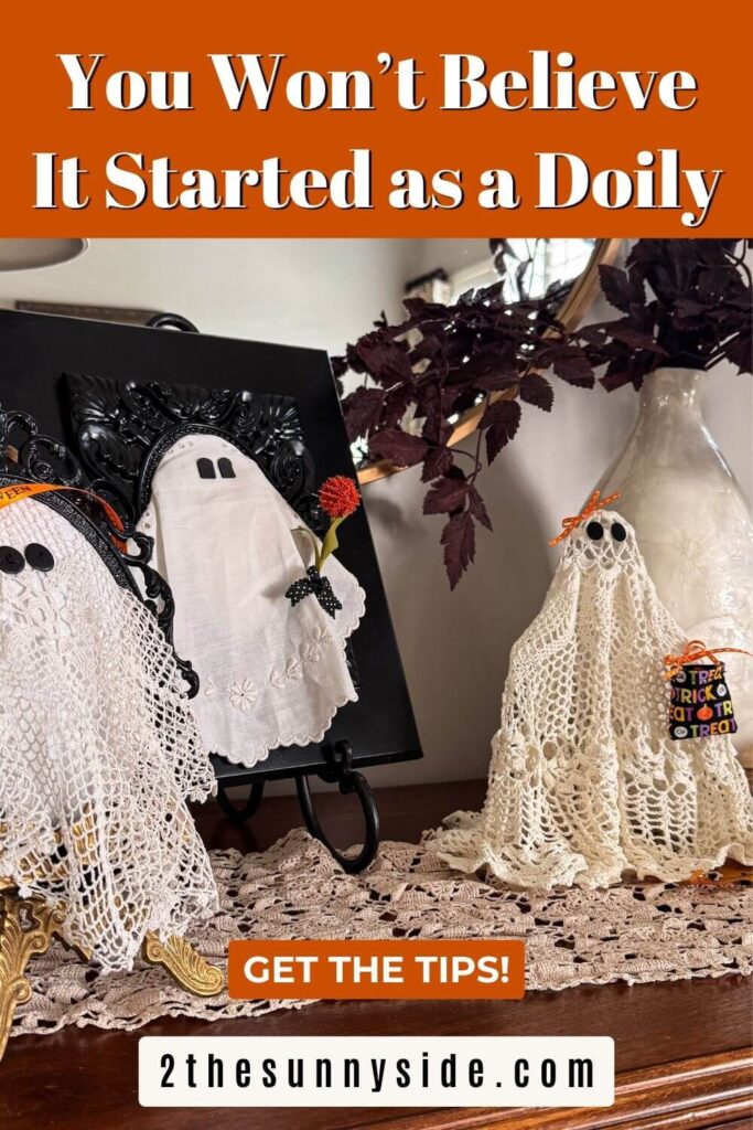 Pinterest image with 3 diy halloween ghosts made with vintage doilies, two in frames, one freestanding ghost embellished with ribbon bows, flowers and a trick or treat bag.