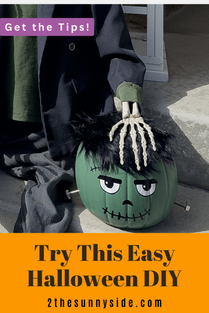 Pinterest image, Frankenstein Halloween decor made from a pumpkin bucket, styled on front porch stair with a skeleton.